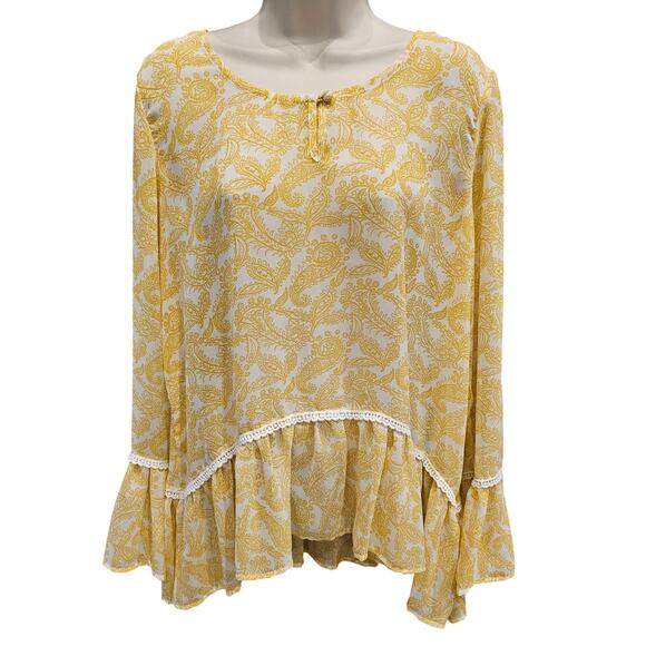 Stitch & lace yellow white boho peasant sheer chiffon long sleeve Career top L - Picture 1 of 7